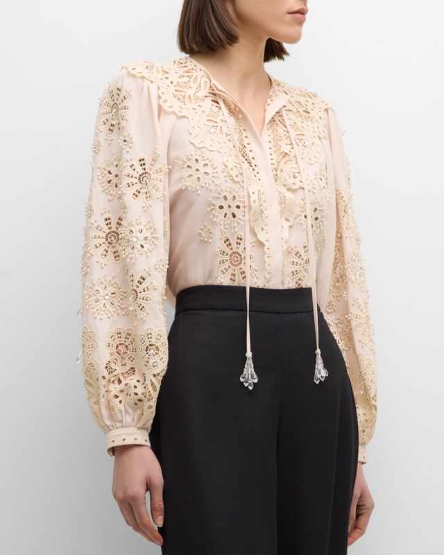 Leila Eyelet-Embroidered Bead-Embellished Blous